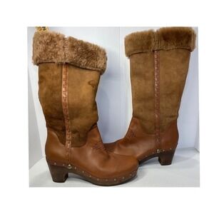 UGG Australia Lynnea Brown Leather Suede Shearling Clog Boots 3205 Womens 9